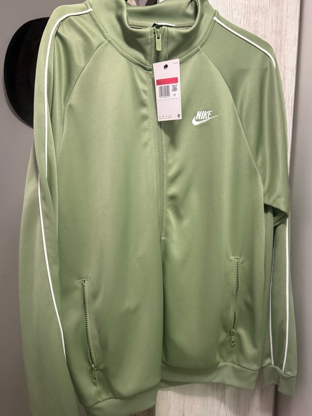 Nike Men’s Light Olive Green Track Jacket with White Piping